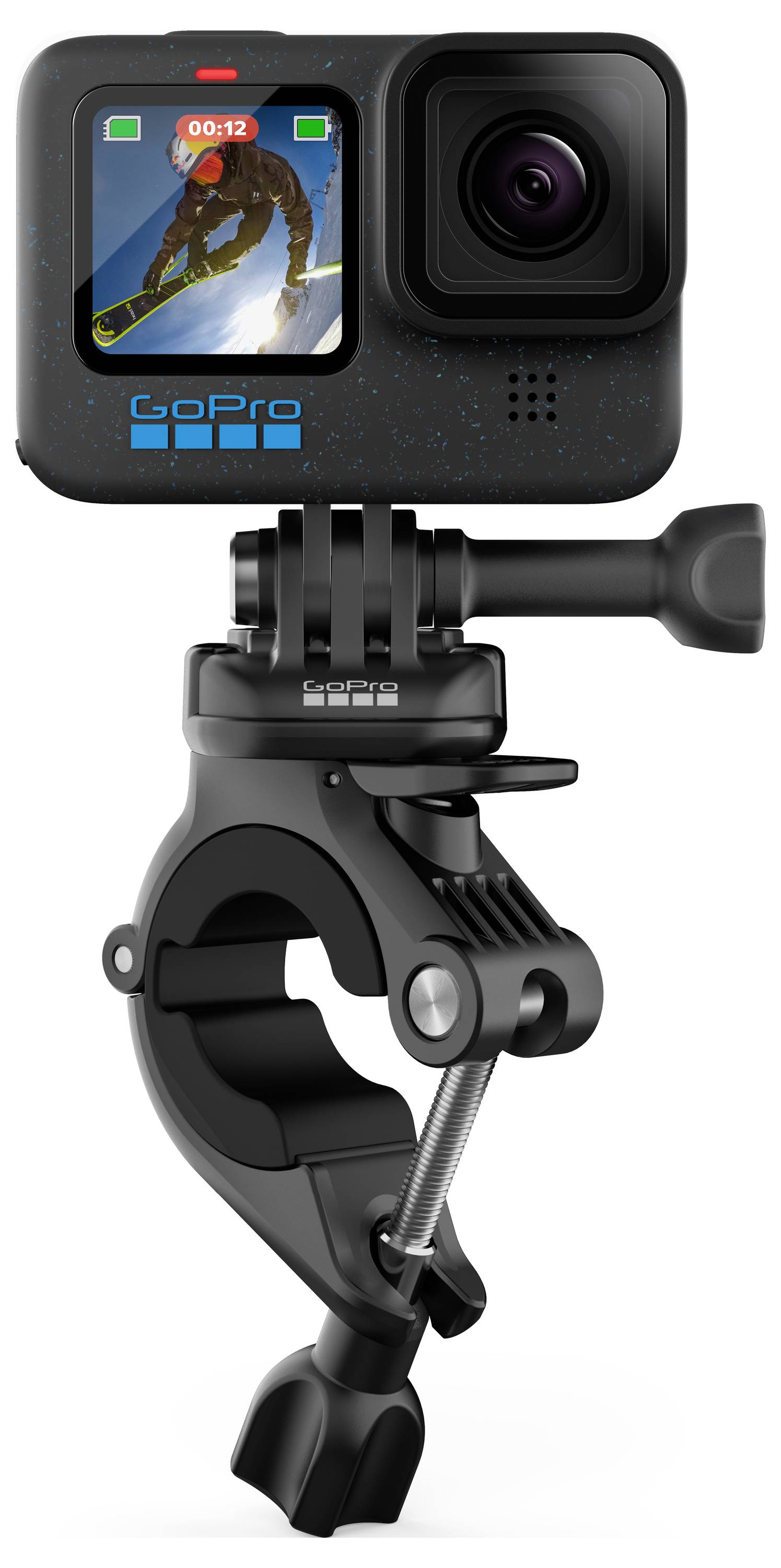 GoPro-Actionkamera, die auf einer Lenkerstange mit Kugelgelenk-Arm montiert ist und zeigt auf dem vorderen Bildschirm eine Live-Skaufnahme.