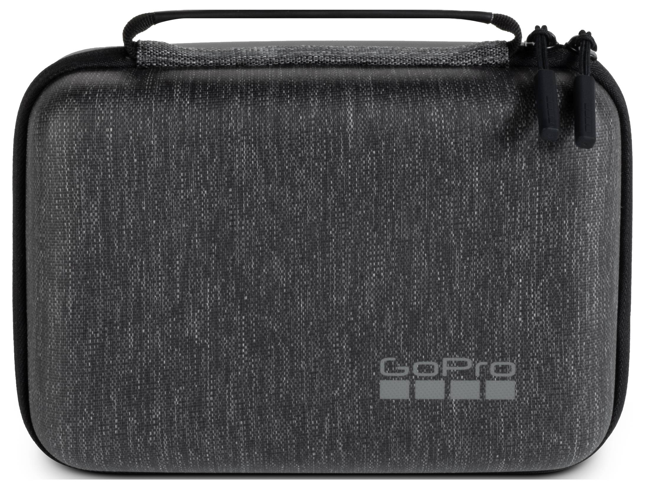 Schwarze GoPro-Hartschutzbox mit Reißverschluss, Griff und Logo, Vorderansicht auf weißem Hintergrund.