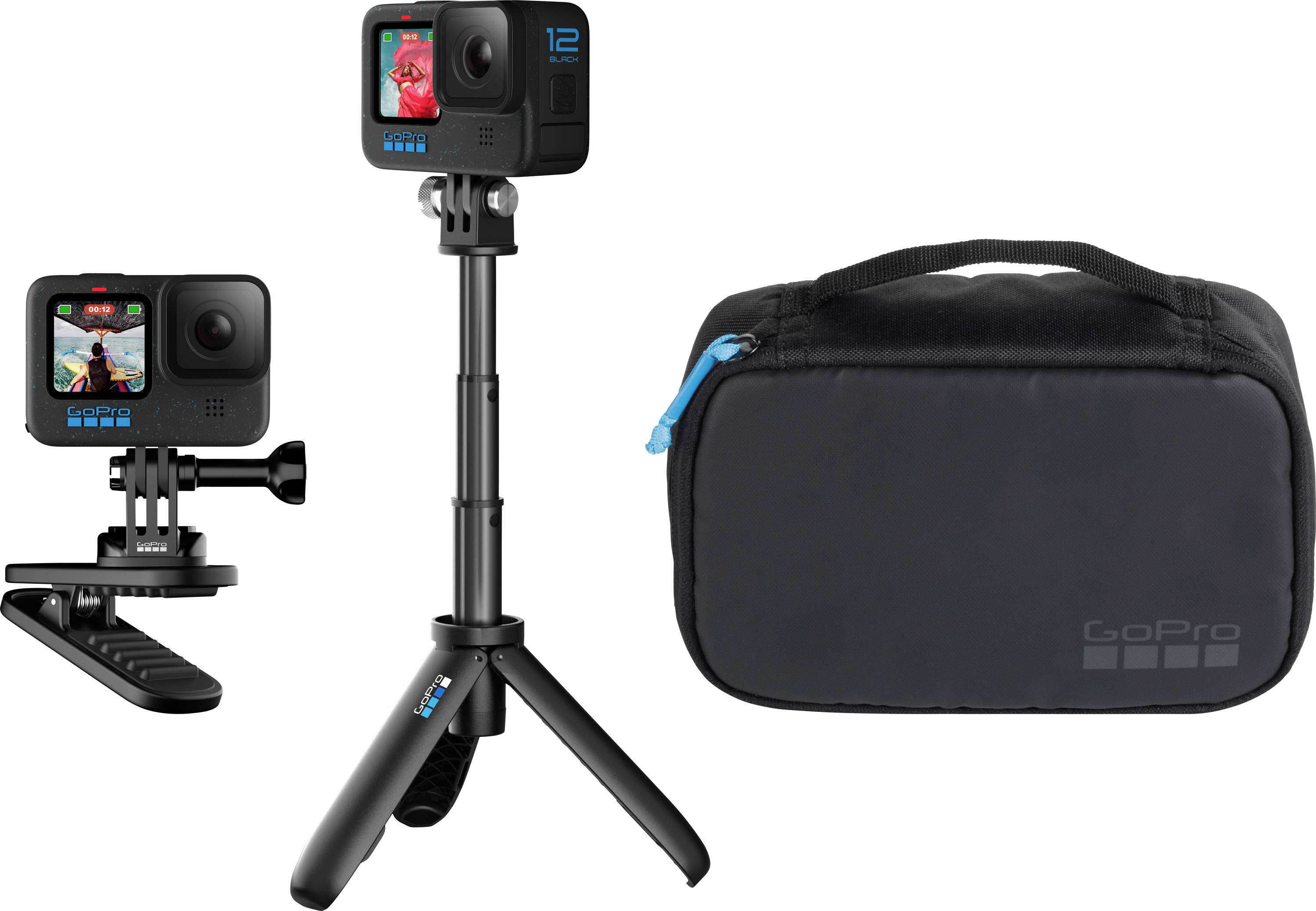 GoPro-Actionkamera mit handgehaltenem Griff, einem Stativständer und einer schwarzen Tragekoffer mit blauem Reißverschluss-Ziehgriff.