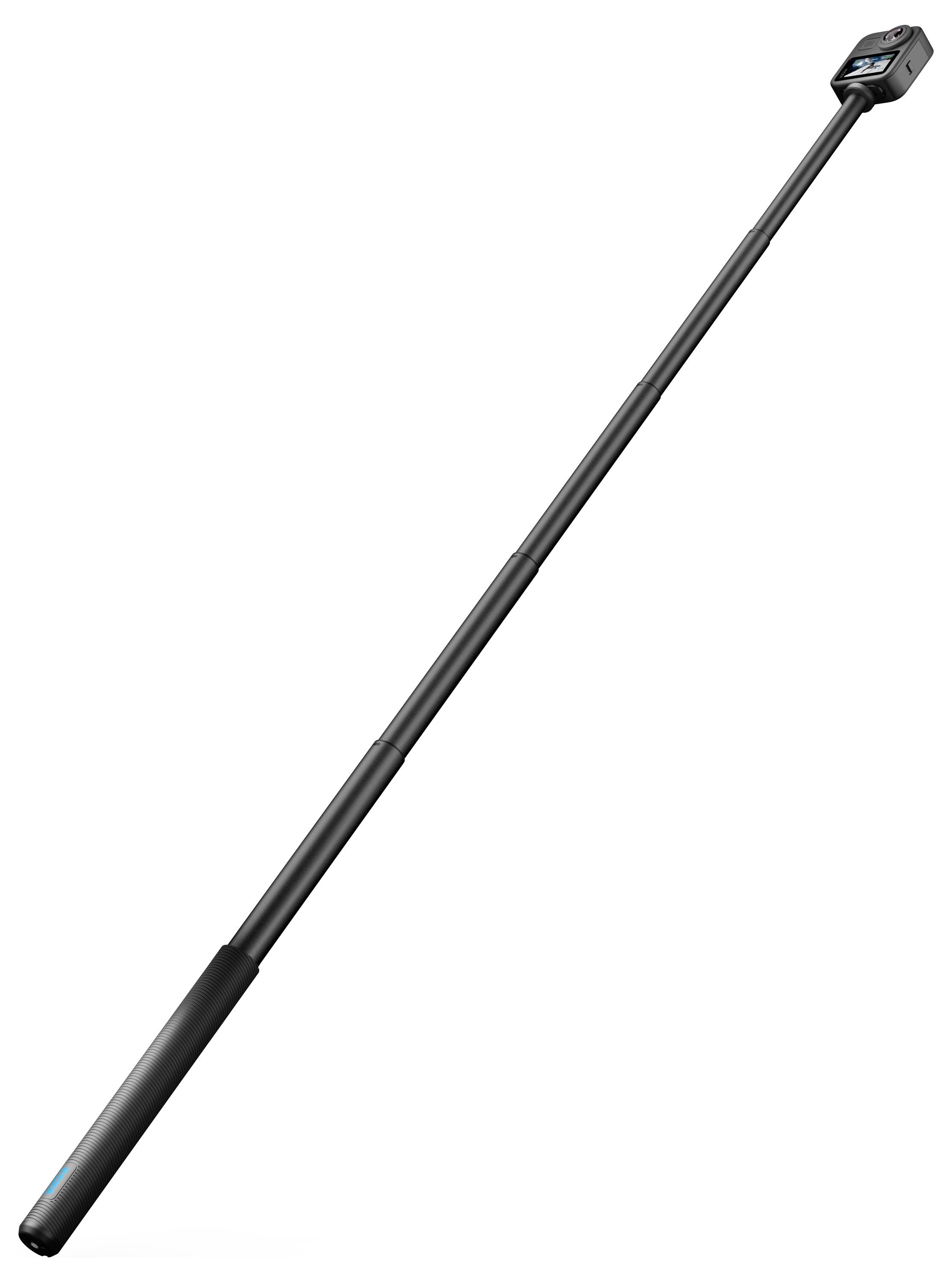 Langes schwarzes teleskopisches Stangenwerkzeug mit einem kleinen Gerätekopf an einem Ende, gezeigt auf weißem Hintergrund.