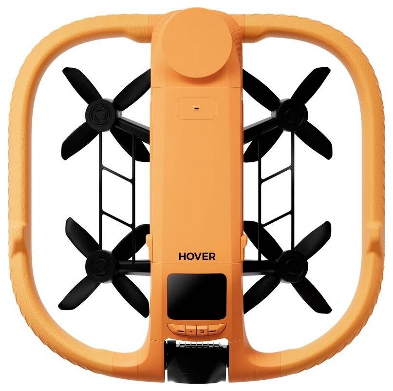 Orange eingeschlossene Quadcopter-Drohne mit vier schwarzen Propellern, beschriftet mit „HOVER", Vorderansicht auf weißem Hintergrund dargestellt.