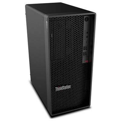 Schwarzer Lenovo ThinkStation P2 Desktop-Tower mit sechseckigem Frontgitter und "ThinkStation"-Beschriftung.