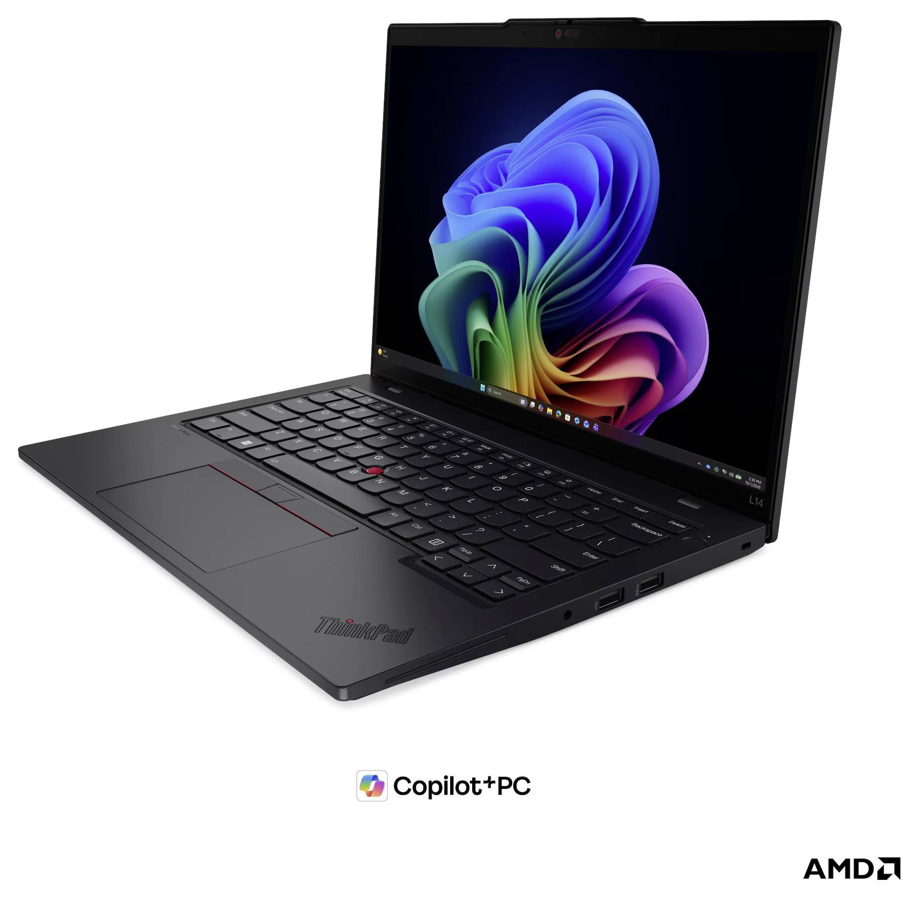 ThinkPad-Laptop, offen im Winkel angezeigt, mit farbenfroher Windows-ähnlicher Hintergrundbild-Anzeige, mit Copilot+PC- und AMD-Branding darunter.