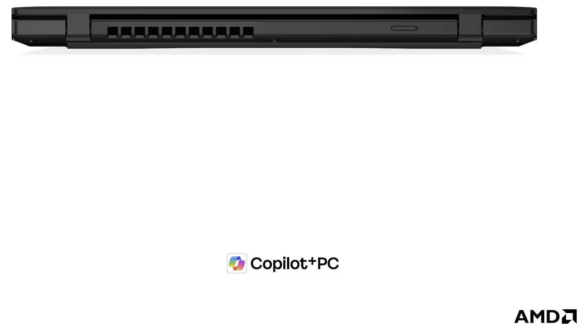 Weiße Werbegrafik, die die obere Kante eines schwarzen Laptops über dem Copilot+PC-Logo und dem AMD-Logo zeigt.