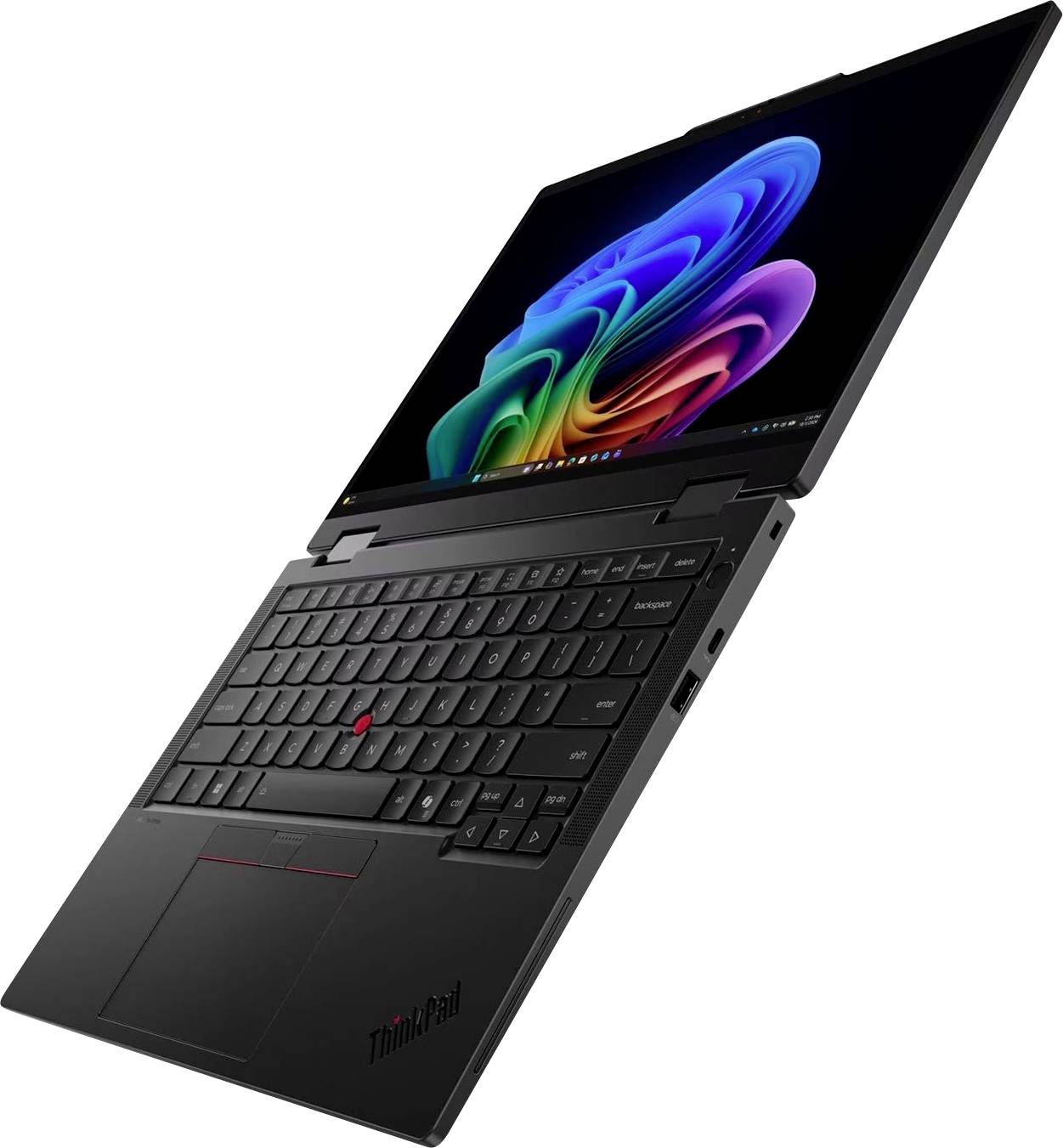Schwarzer Lenovo ThinkPad Laptop, in einem Winkel geöffnet, zeigt eine farbenfrohe abstrakte Tapete auf dem Bildschirm.
