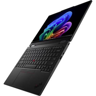 Schwarzer Lenovo ThinkPad Laptop, in einem Winkel geöffnet, zeigt eine farbenfrohe abstrakte Tapete auf dem Bildschirm.