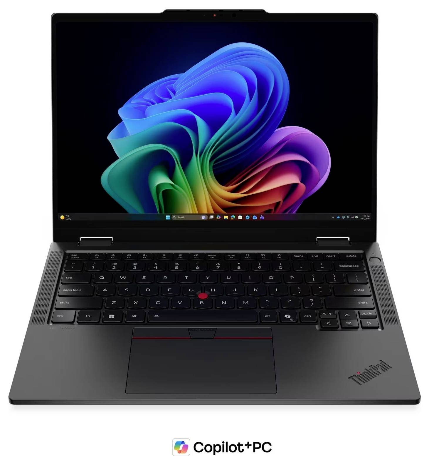 ThinkPad-Laptop mit farbenfrohem Windows-Desktop und "Copilot+PC"-Branding darunter.
