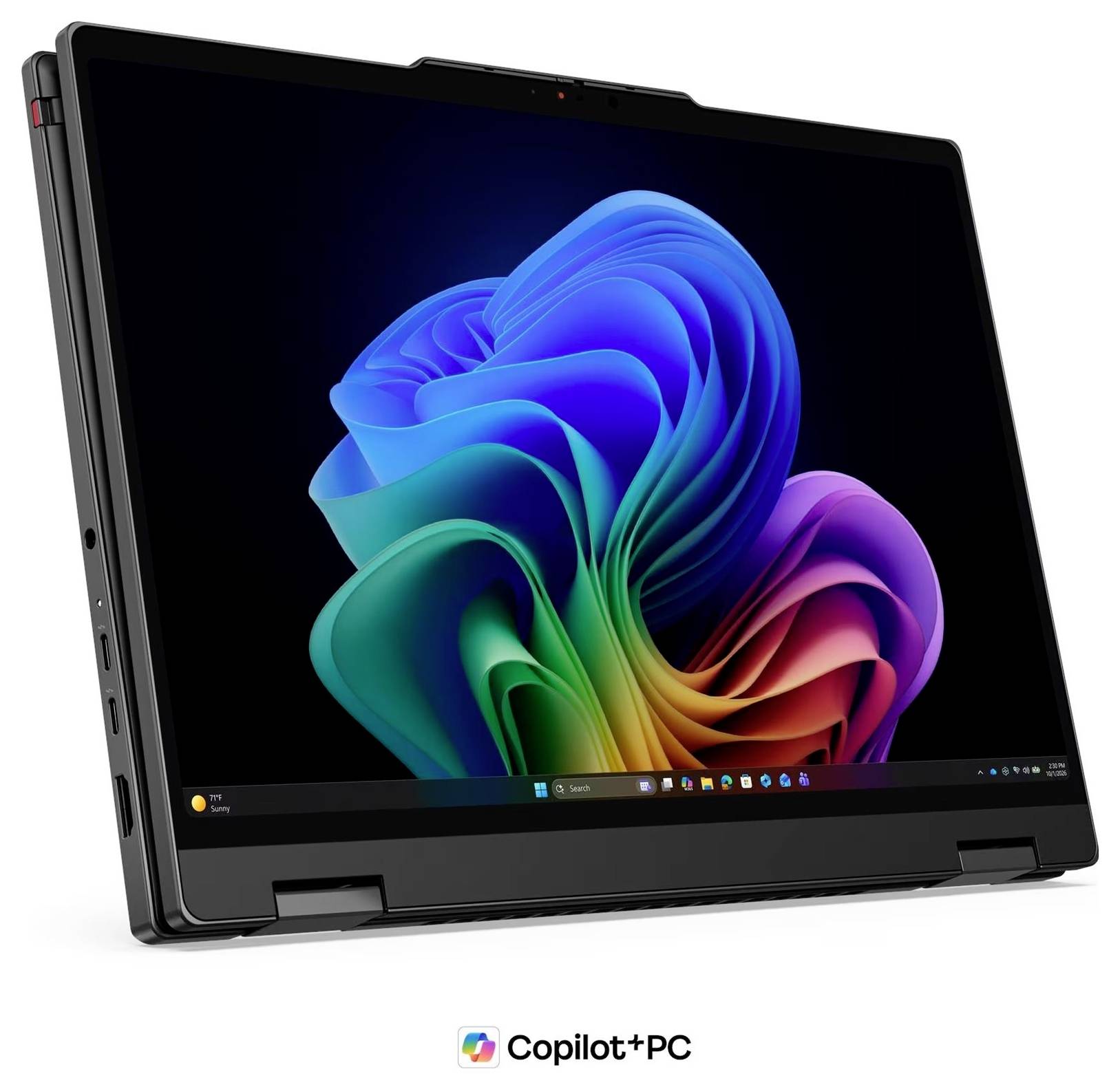 Ein 2-in-1-Laptop/Tablet zeigt ein farbenfrohes abstraktes Windows-ähnliches Hintergrundbild auf einem schwarzen Bildschirm an, mit "Copilot+PC"-Branding darunter.