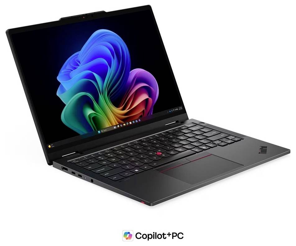Schwarzer Lenovo ThinkPad-Laptop im angewinkelten Zustand geöffnet, zeigt ein buntes Windows-ähnliches Hintergrundbild und "Copilot+PC"-Branding darunter.