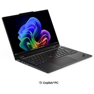 Schwarzer Lenovo ThinkPad-Laptop im angewinkelten Zustand geöffnet, zeigt ein buntes Windows-ähnliches Hintergrundbild und "Copilot+PC"-Branding darunter.