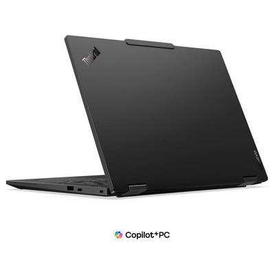 Schwarzer Lenovo ThinkPad-Laptop, im offenen Zustand in einem Winkel gezeigt, mit Copilot+ PC-Branding darunter.