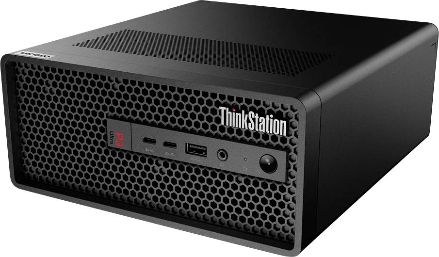 Schwarzer Lenovo ThinkStation Desktop-Tower mit vorderer Wabengitterblende, USB-Anschlüssen, Audiobuchse und Netzschalter