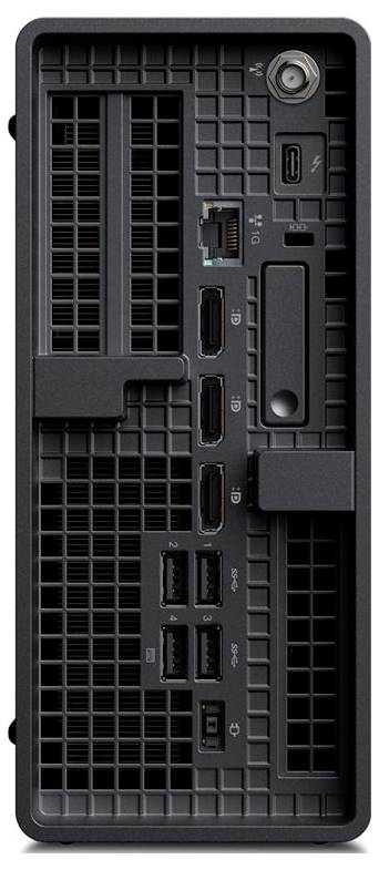 Rückseite eines schwarzen Desktop-Computer-Gehäuses mit mehreren Kühlungsöffnungen, Ethernet-, USB-Anschlüssen, Audio-Buchsen und Stromstecker.