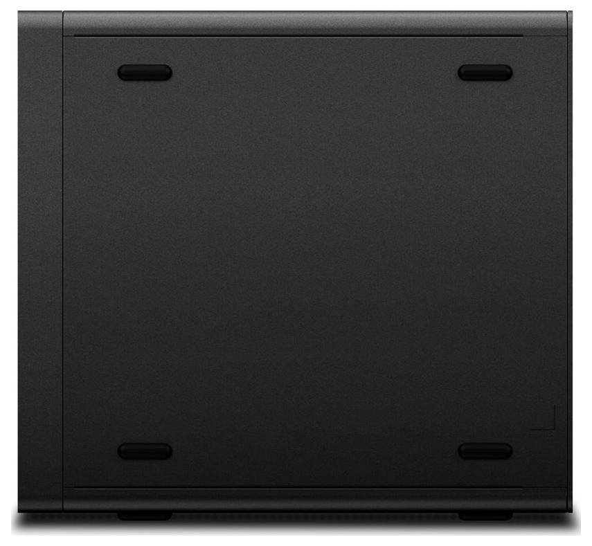Schwarzes rechteckiges Computer-Gehäuse von hinten gezeigt, mit vier Kabelausschnitten und einer Seitenpanelnaht.