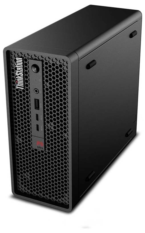Schwarzer ThinkStation P3 Ultra kompakter Desktop-Tower mit Wabengitter-Frontlüftung und USB-Anschlüssen an der Vorderseite