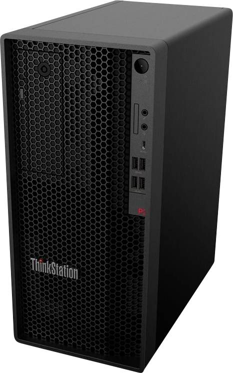 Schwarzer Lenovo ThinkStation Desktop-Tower mit vorderer Netzgitterblende und vorderen USB- und Audioanschlüssen