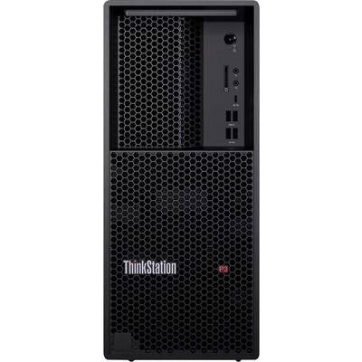 Vorderansicht eines schwarzen Lenovo ThinkStation P3 Desktop-Turms mit sechseckigen Belüftungsgittern und vorderen USB- und Audioanschlüssen.