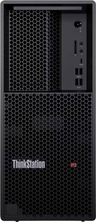 Vorderansicht eines Lenovo ThinkStation P3 Desktop-Towers mit hexagonalen Mesh-Lüftungsöffnungen und vorderen Stromversorgungs-, USB- und Audioanschlüssen.