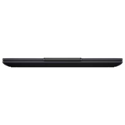 Seitenansicht eines geschlossenen schwarzen Laptops oder dünnen Geräts, das sein schlankes Profil und das Scharnier zeigt.