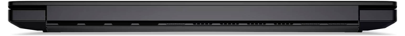 Seitenansicht eines geschlossenen schwarzen Laptops, die das dünne Profil und das Scharnier auf einem einfachen weißen Hintergrund zeigt.
