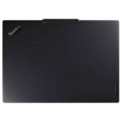 Geschlossener schwarzer Lenovo ThinkPad-Laptop mit ThinkPad-Logo oben links und Lenovo-Branding entlang der rechten Kante.