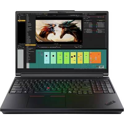Lenovo ThinkPad Laptop mit Videobearbeitungssoftware, auf dem Bildschirm eine Drachen-Bildvorschau und eine Multi-Track-Timeline.
