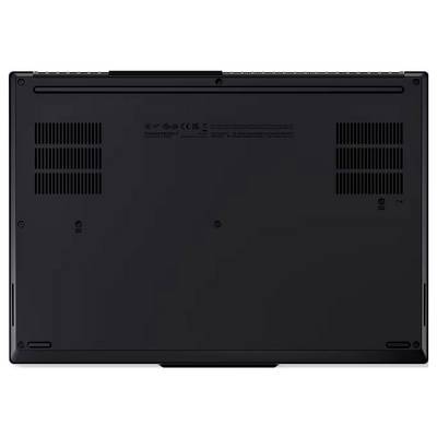 Laptop in Seitenansicht geöffnet, zeigt ein dünnes schwarzes Design mit dem aufrecht stehenden Bildschirm und der geschlossenen oder versteckten Tastaturablage.
