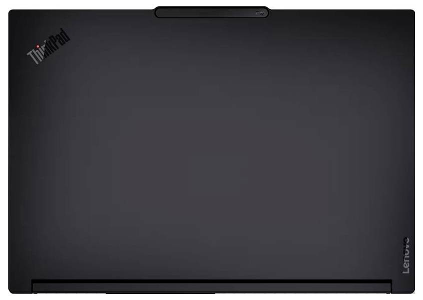 Geschlossener schwarzer Lenovo ThinkPad Laptop mit Deckel von oben gezeigt, mit dem ThinkPad-Logo in der oberen linken Ecke.