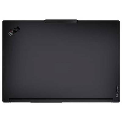 Geschlossener schwarzer Lenovo ThinkPad Laptop mit Deckel von oben gezeigt, mit dem ThinkPad-Logo in der oberen linken Ecke.