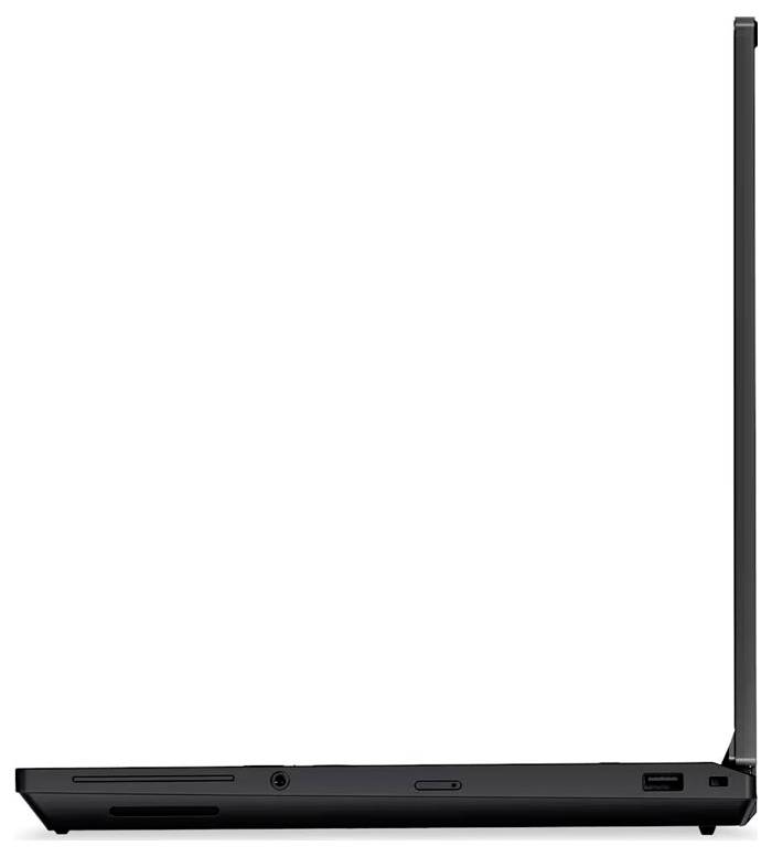 Schwarzer Laptop in geschlossener Seitenansicht dargestellt, mit einer hohen Antenne auf der rechten Seite und sichtbaren Anschlüssen an der unteren Kante.