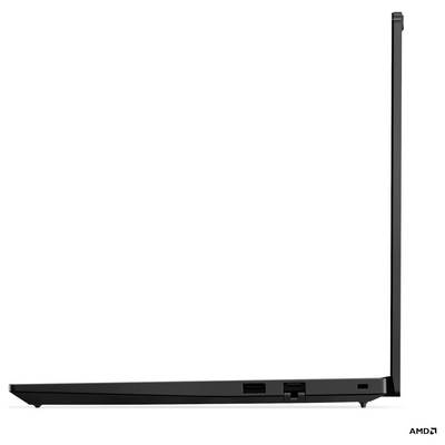 Schwarzer AMD-Laptop in geschlossenem Zustand, seitliche Ansicht, mit schlankem Profil und hohem hinterem Scharnier auf weißem Hintergrund.