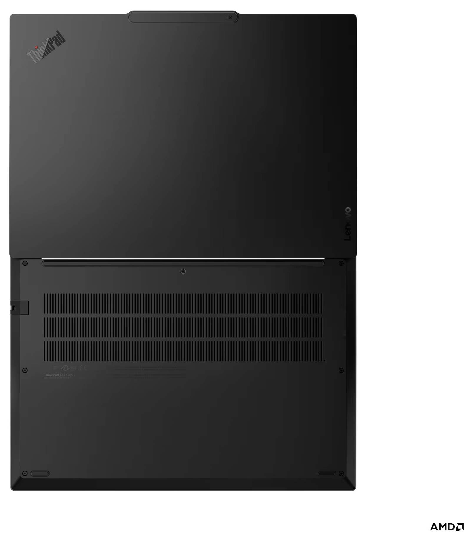 Rückansicht eines schwarzen Lenovo ThinkPad Laptops mit Kühlungsöffnungen, Logo und AMD-Branding auf weißem Hintergrund.