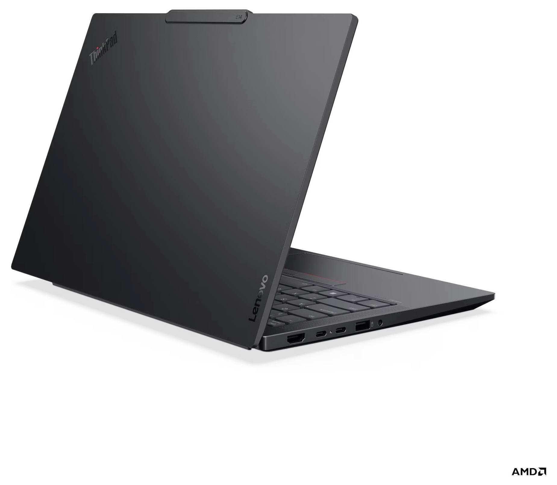 Geschlossener schwarzer Lenovo ThinkPad-Laptop, von der hinteren linken Seite gezeigt, mit teilweise geöffnetem Bildschirm und sichtbaren Seitenports.