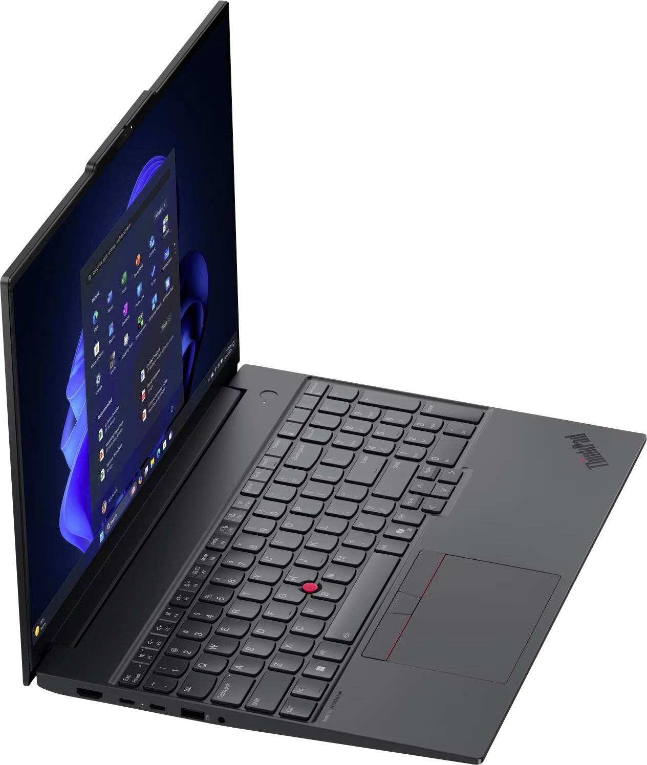 Laptop auf weißem Hintergrund geöffnet, mit Windows-Desktop auf dem Bildschirm und einer integrierten Tastatur mit Touchpad.