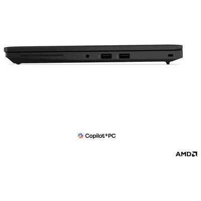 Seitenansicht eines Laptops mit zwei USB-Anschlüssen; darunter sind das Copilot+PC-Logo und die AMD-Marke.