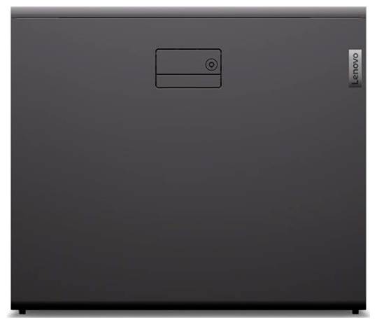 Geschlossener grauer Lenovo-Laptop, von hinten betrachtet, mit einem zentrierten rechteckigen Griff und kleinem Lenovo-Logo an der rechten Kante.