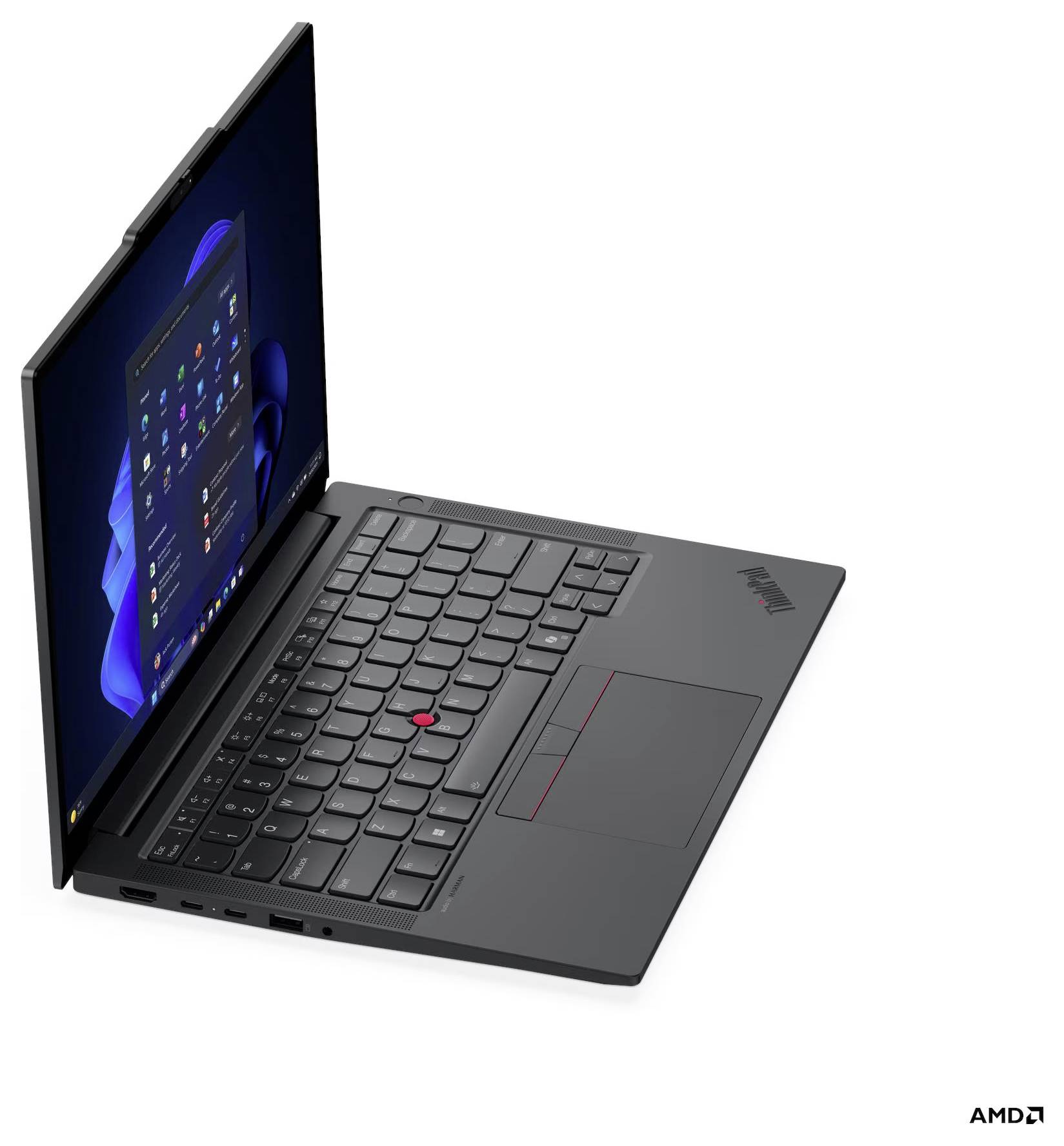 Geneigter schwarzer Lenovo ThinkPad-Laptop, offen mit Windows-Desktop auf dem Bildschirm und AMD-Logo in der Ecke.