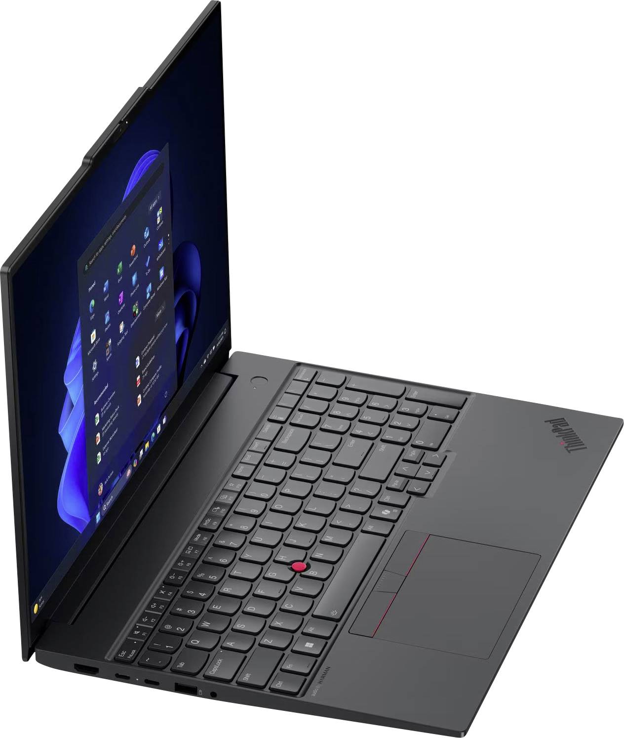 Lenovo ThinkPad Laptop im Profil geöffnet mit Windows-Desktop auf dem Bildschirm, Tastatur, TrackPoint und Touchpad sichtbar auf weißem Hintergrund