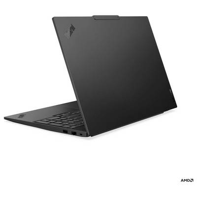 Geschlossener schwarzer Lenovo ThinkPad Laptop in schrägem Winkel gezeigt, wobei der Deckel die Tastatur größtenteils verdeckt und ein AMD-Logo in der Ecke zu sehen ist.