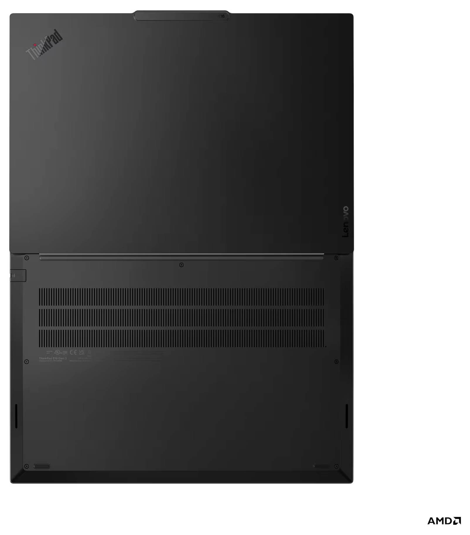 Schwarzer Lenovo ThinkPad Laptop von hinten gezeigt, mit sichtbarem Lüftungsgitter und AMD-Logo auf weißem Hintergrund.
