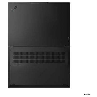 Schwarzer Lenovo ThinkPad Laptop von hinten gezeigt, mit sichtbarem Lüftungsgitter und AMD-Logo auf weißem Hintergrund.