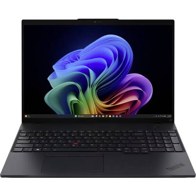 Schwarzes Lenovo ThinkPad-Laptop offen auf weißem Hintergrund, zeigt ein buntes abstraktes Windows-Hintergrundbild auf dem Bildschirm.