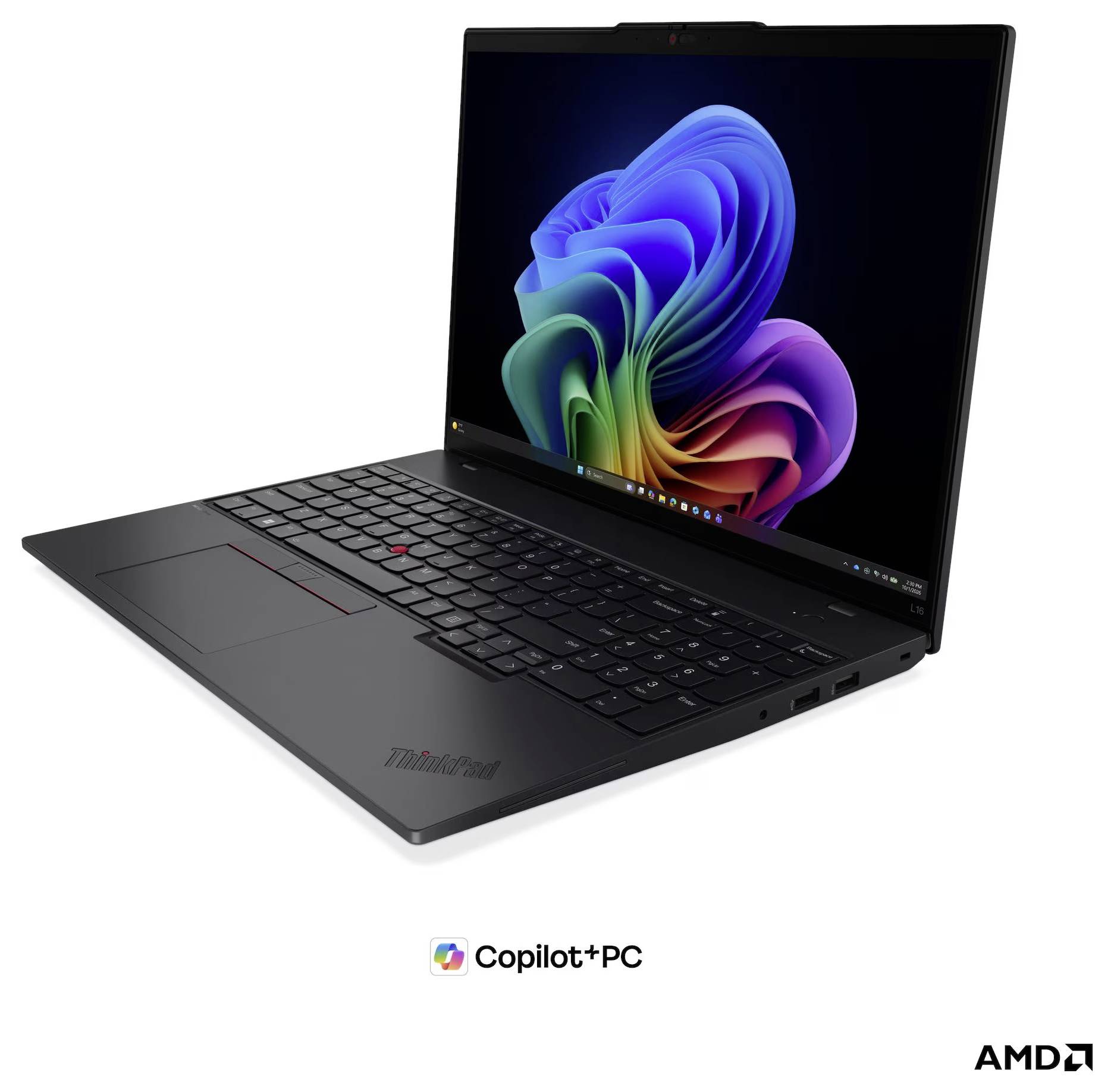 Schwarzer Lenovo ThinkPad Laptop, auf weißem Hintergrund offen, mit Windows 11 Hintergrundbild; „Copilot+ PC" und AMD-Branding darunter.