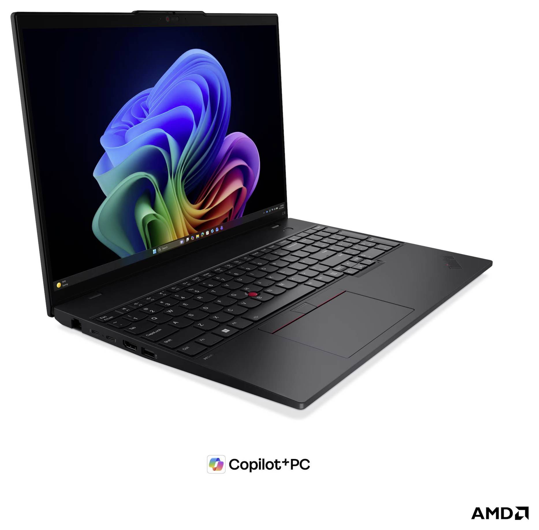 Schwarzer Lenovo-ähnlicher Laptop, geöffnet in einem Winkel dargestellt, mit Windows 11-Hintergrund, Copilot+ PC-Branding und AMD-Logo darunter.