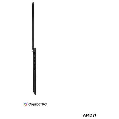 Seitenansicht eines schlanken Laptops, der das Copilot+ PC-Logo und die AMD-Branding anzeigt.