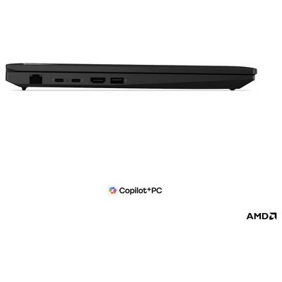Seitenansicht eines dünnen schwarzen Laptops, dargestellt mit dem Logo "Copilot+PC" und AMD-Branding darunter.