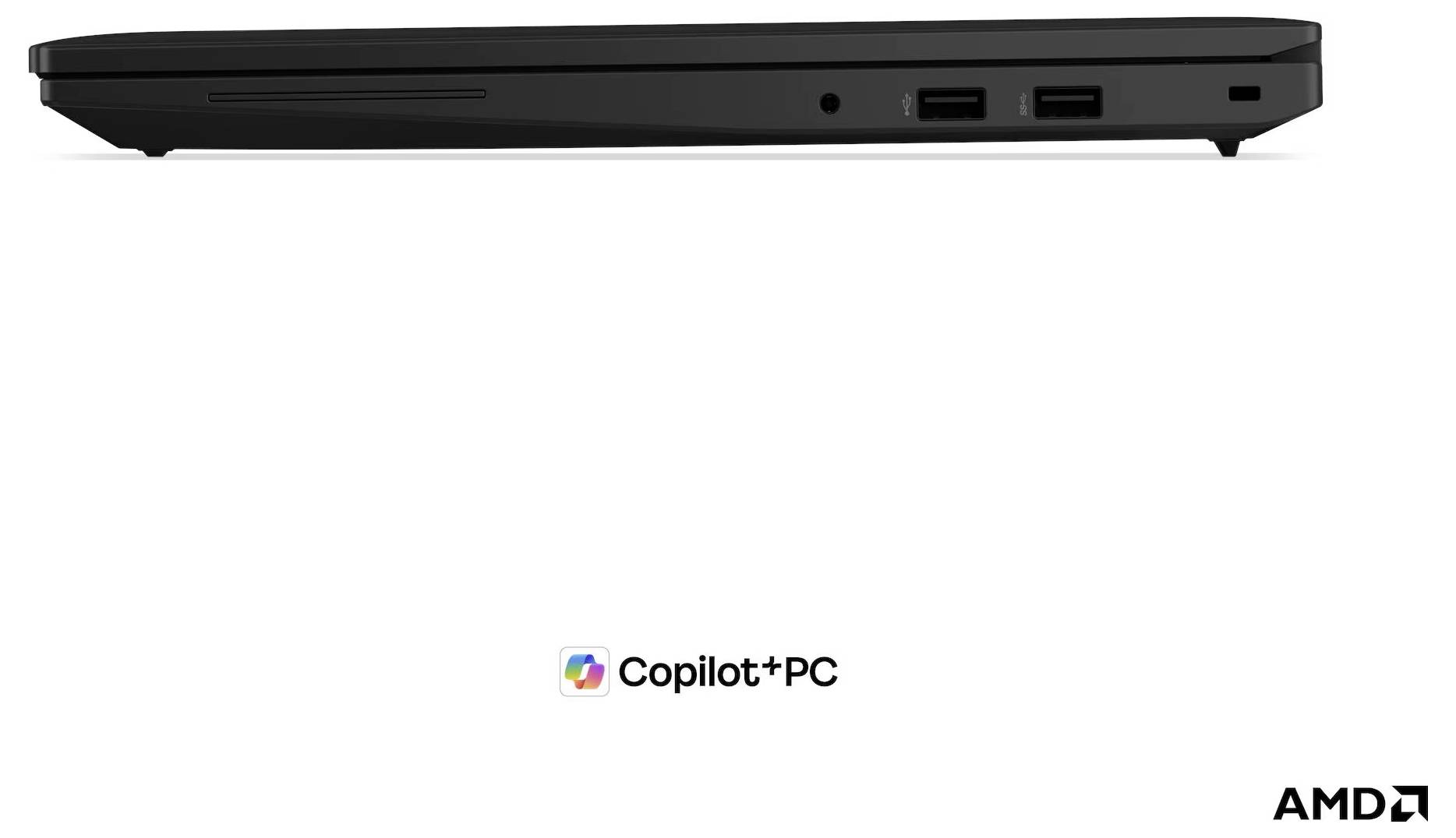 Seitenansicht eines schwarzen Laptops mit dem Copilot+PC-Logo in der Mitte darunter und dem AMD-Logo in der unteren rechten Ecke.