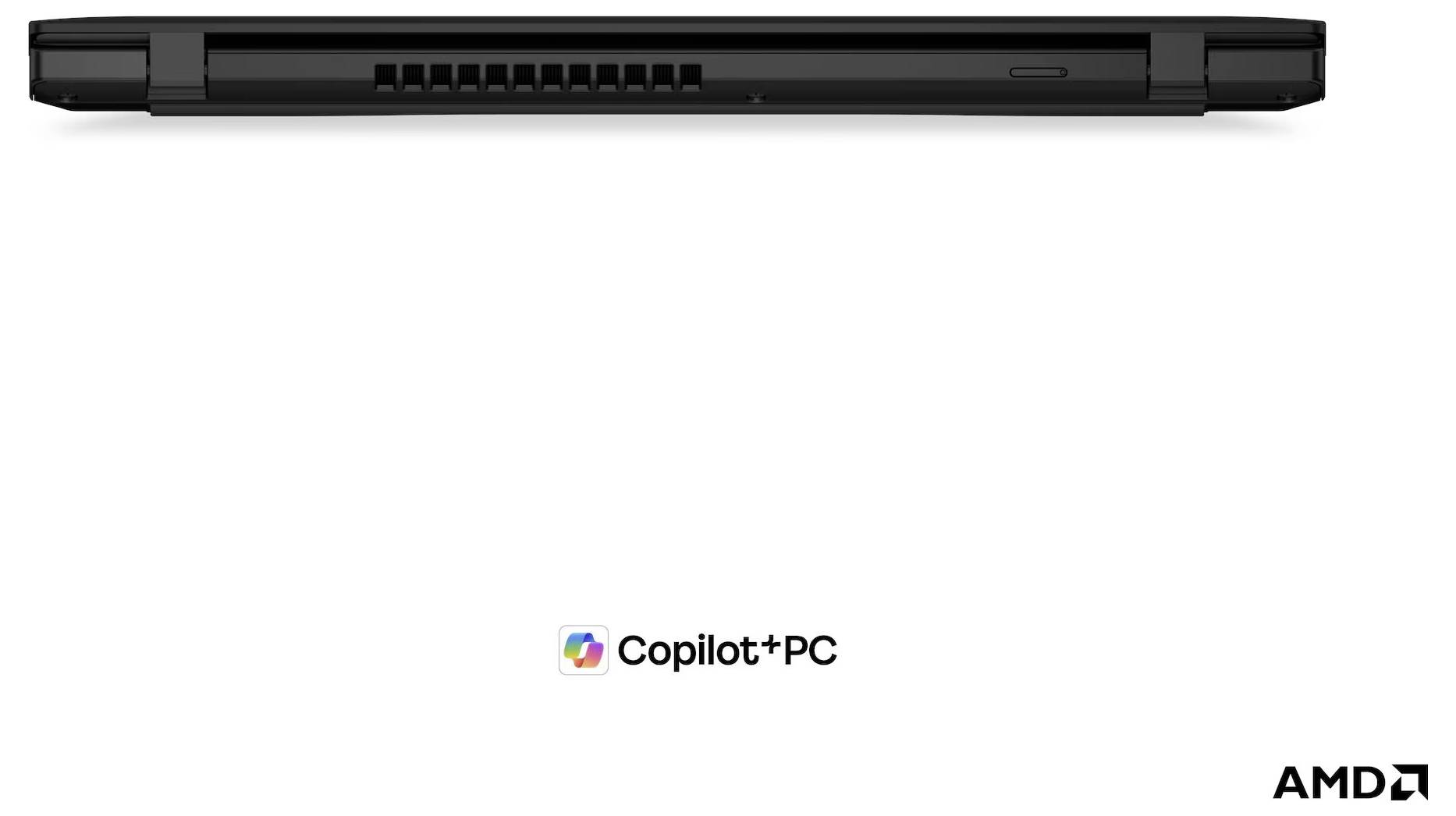 Seitenansicht eines schlanken schwarzen Laptops; Copilot+PC- und AMD-Logos unten angezeigt, was auf einen KI-aktivierten AMD-Laptop hinweist.