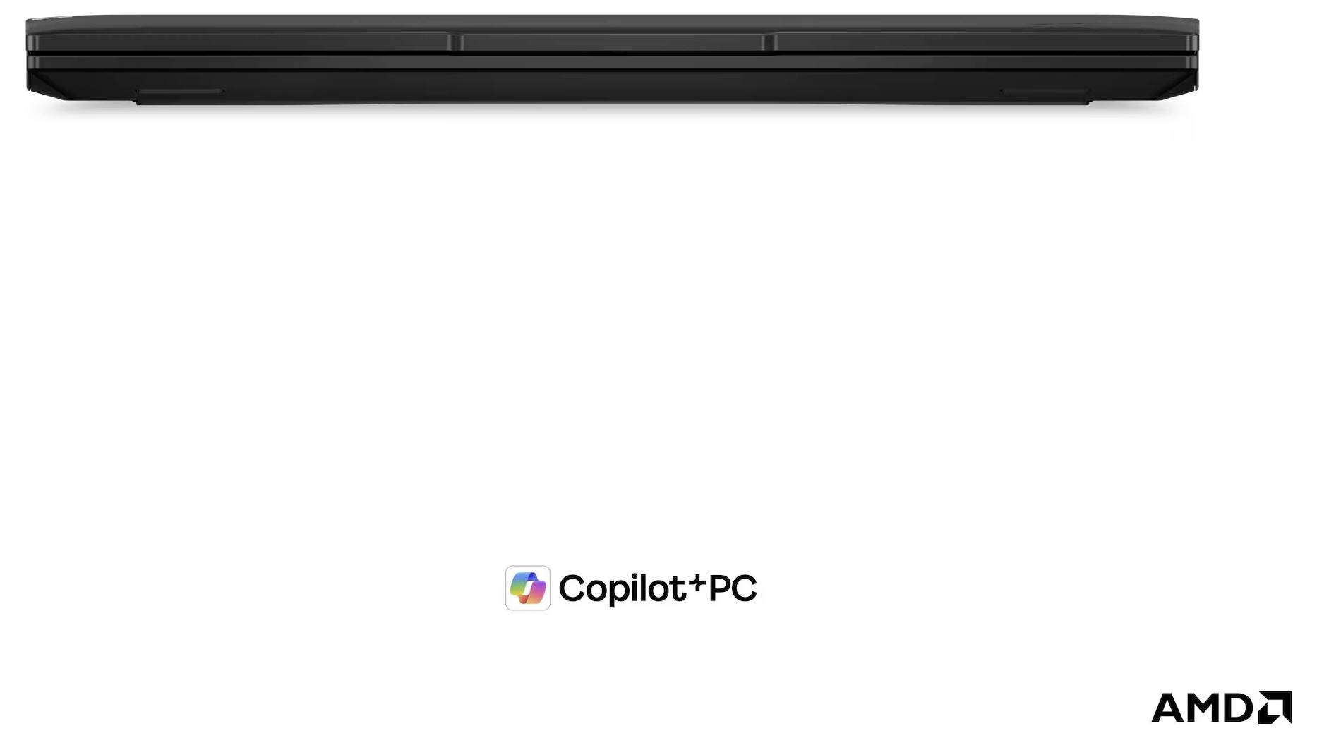 Schwarzer Laptop mit vorderer Kante auf weißem Hintergrund mit Copilot+PC-Logo und AMD-Branding darunter.