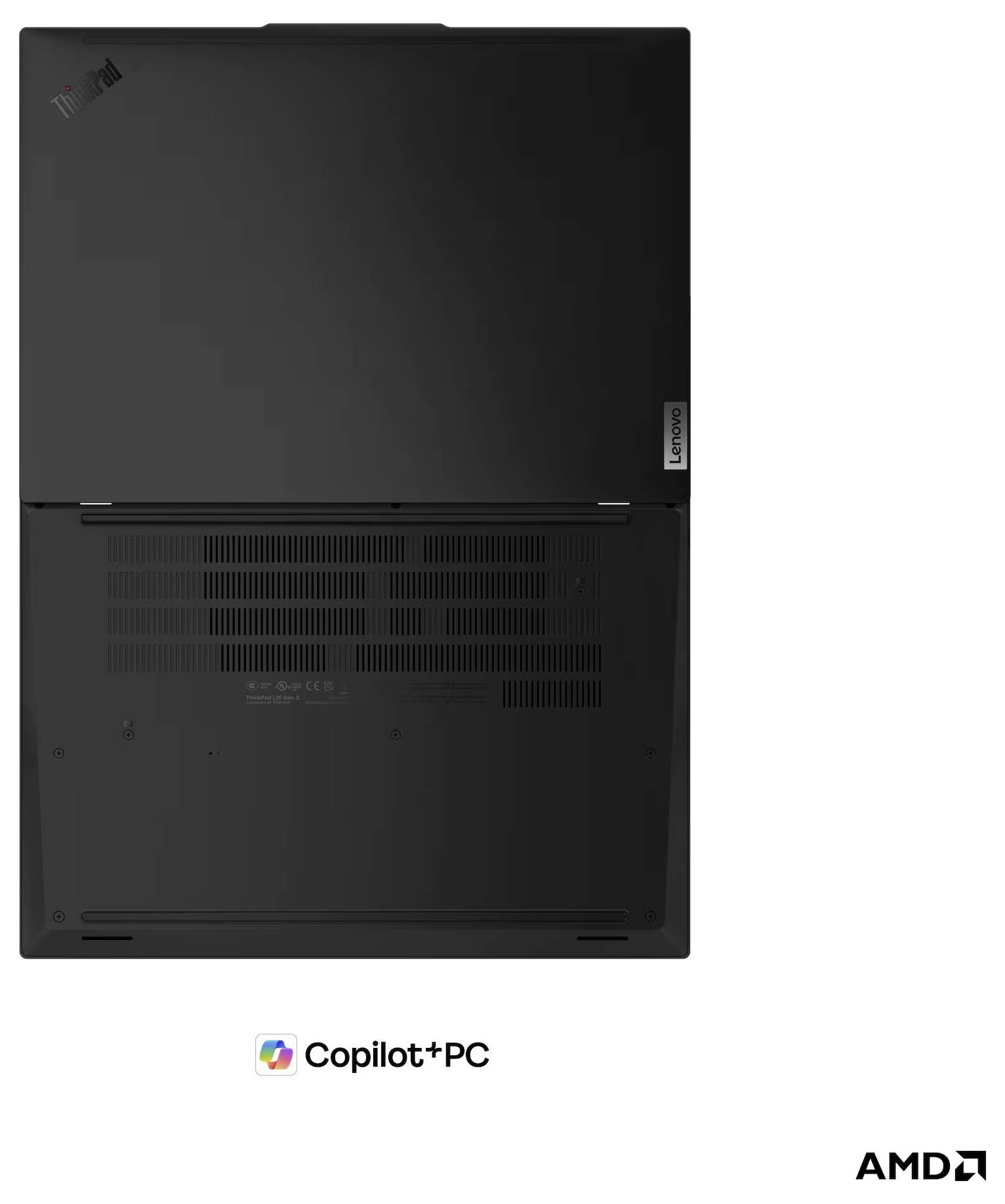 Rückansicht eines Lenovo ThinkPad-Laptops mit Lüftungsöffnungen und den Logos "Copilot+ PC" und AMD auf weißem Hintergrund.
